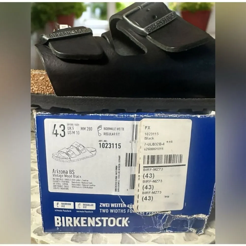 Birkenstock Arizona Grip Premium Leather Sandals Black Vintage Wood Unisex 43 EU
